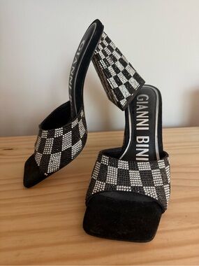 Gianni Bini Black and Silver Checkered Rhinestone Mule Heels